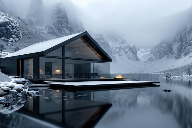 Er is een kleine hut op een meer in de bergen.