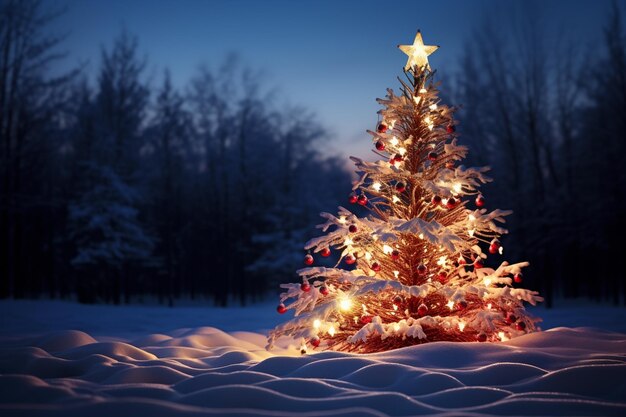 er is een kleine kerstboom met lichtjes in de sneeuw, generatieve ai