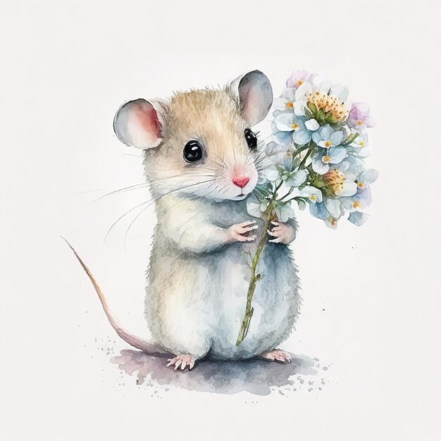 Er is een kleine muis die een bloem in zijn poten houdt.