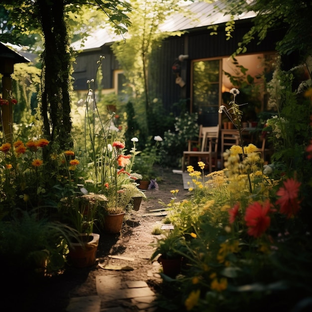 Er is een kleine tuin met veel bloemen en planten.