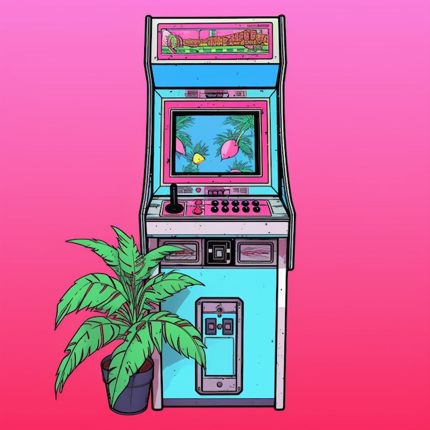 Er is een kleine videospelletje machine met een plant voor het generatieve ai