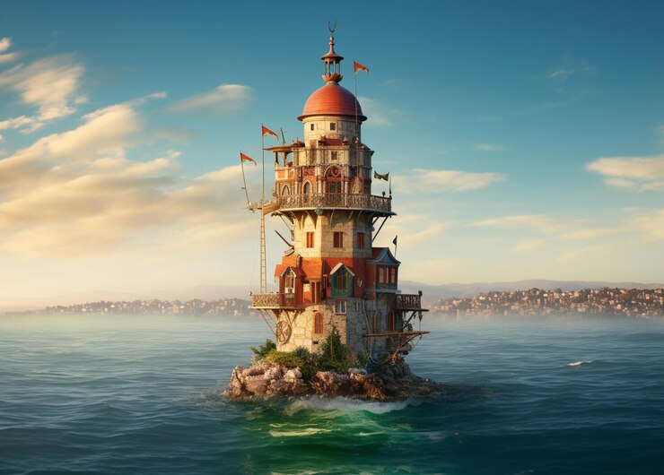 Er is een kleine vuurtoren op een klein eiland midden in de oceaan AI Generatief