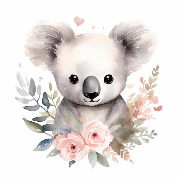 er is een koala beer met bloemen en bladeren op generatieve ai