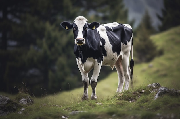 Er is een koe die op een heuvel staat met bomen op de achtergrond generatieve ai