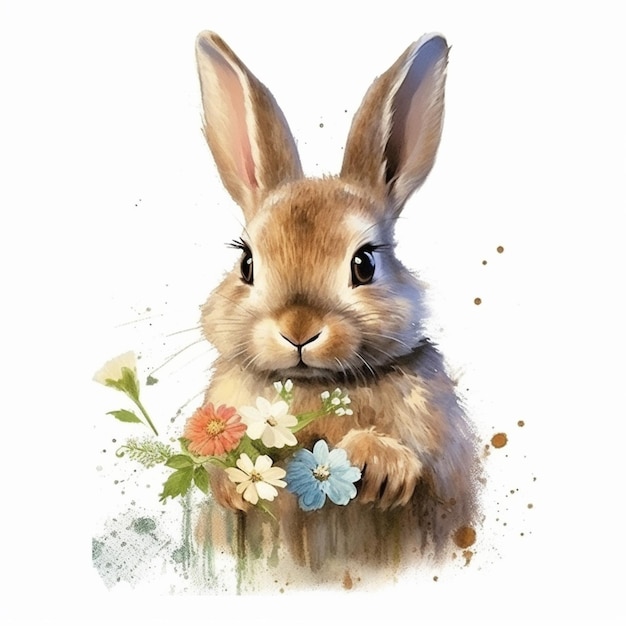 Er is een konijn dat een bos bloemen generatieve ai vasthoudt