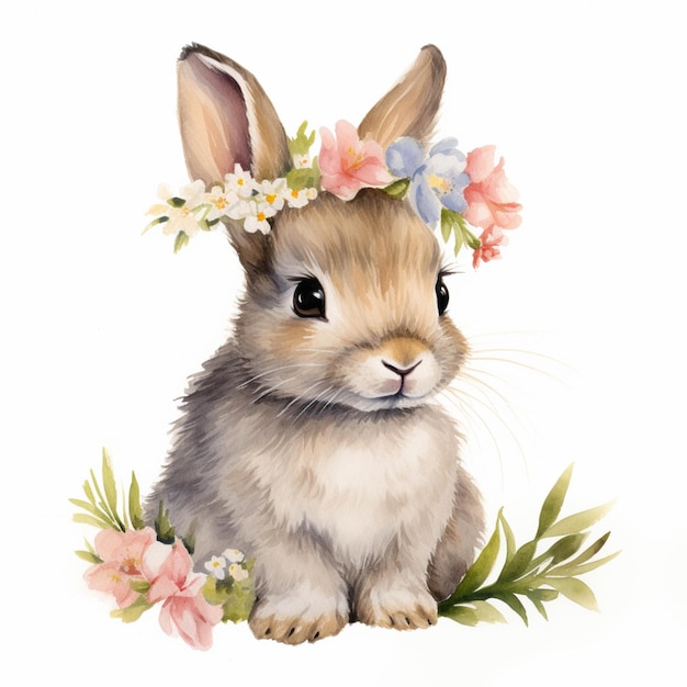 Er is een konijn met een bloemkroon op zijn hoofd generatieve ai