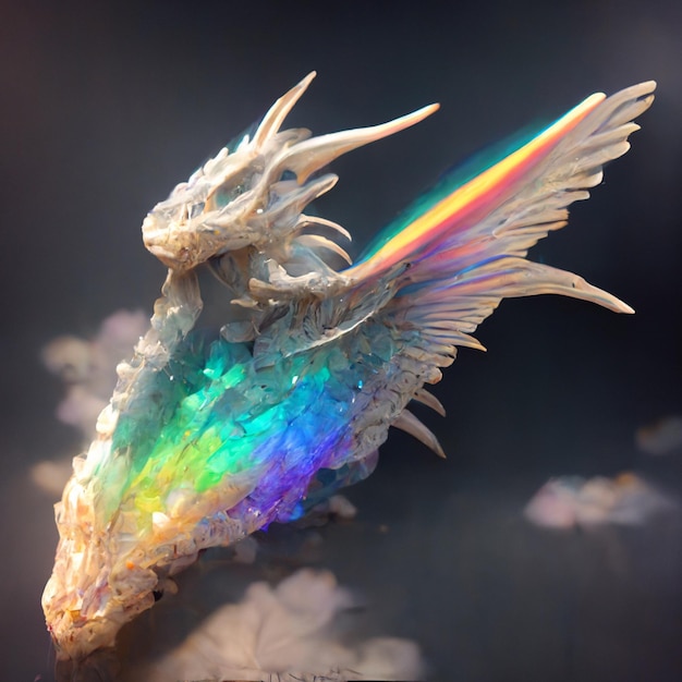 Er is een kristal draak standbeeld met een regenboog gekleurde staart generatieve ai