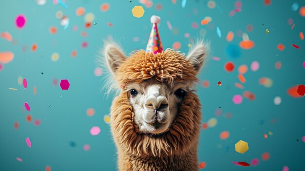 Foto er is een lama die een feesthoed draagt en confetti generatieve ai