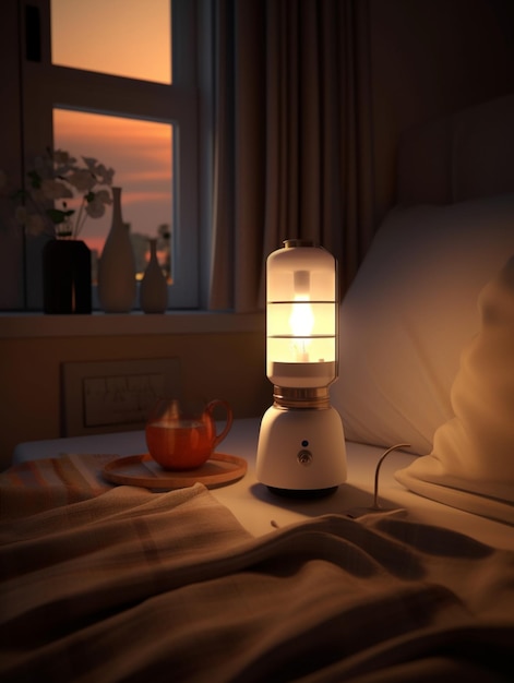 Er is een lamp die zit op een bed in het donker generatieve ai