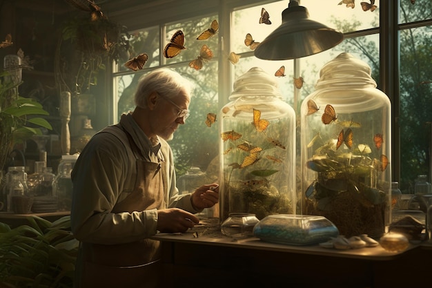 Er is een man die naar een glazen pot met vlinders kijkt.