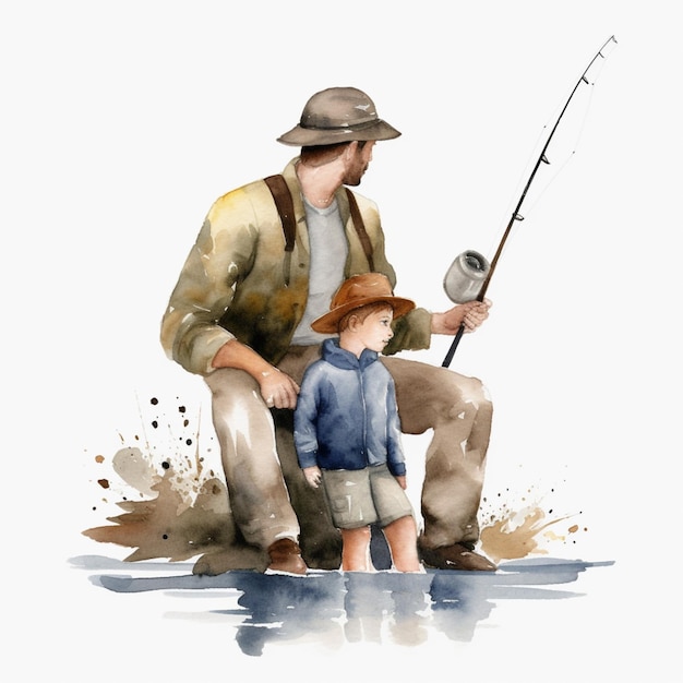 Er is een man en een kind aan het vissen in het water generatieve ai