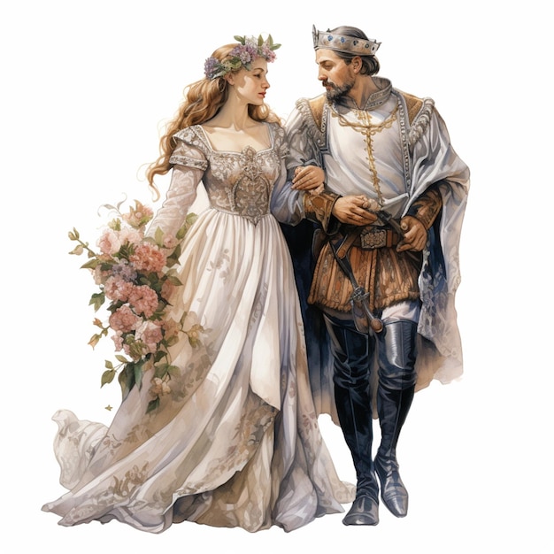 Er is een man en een vrouw gekleed in middeleeuwse kleding die samen lopen.