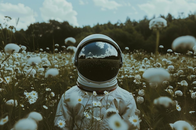 Foto er is een man in een veld van bloemen die een ruimtepak draagt.