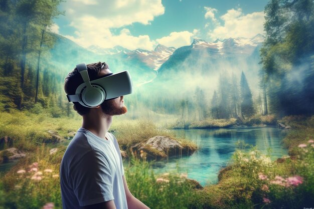 Foto er is een man met een virtual reality-headset voor een generatieve ai in de bergen