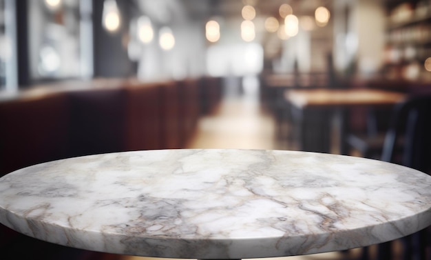 Er is een marmeren tafel met een witte top in een restaurant generatieve ai