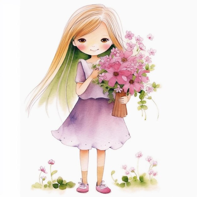 er is een meisje dat een mand met bloemen in haar hand houdt generatieve ai