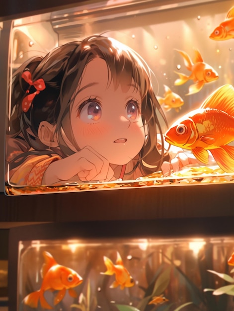 Er is een meisje dat naar een vis kijkt in een tank generatieve ai