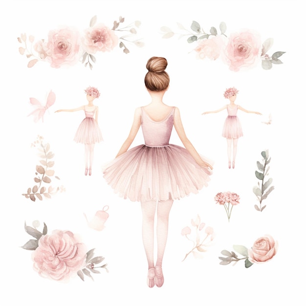 Er is een meisje in een roze jurk en bloemen rond haar generatieve ai