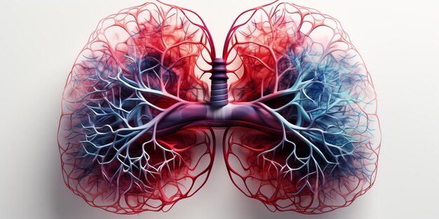 Foto er is een model van een menselijke longen met een rood en blauw kleurenschema generatieve ai