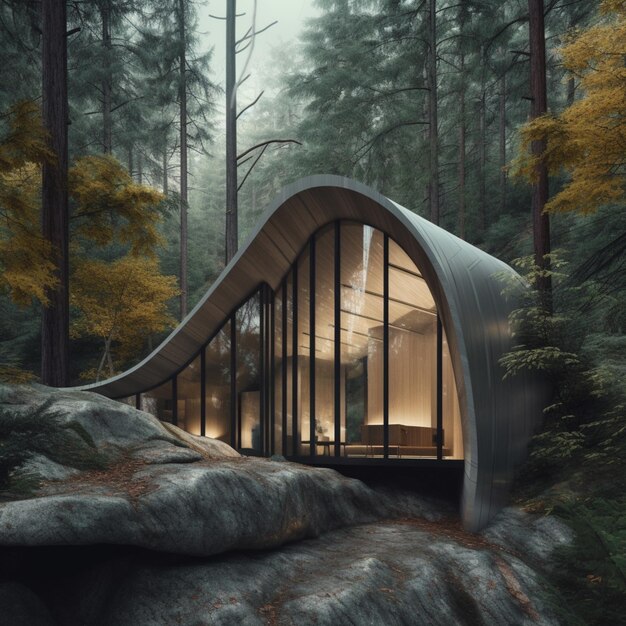 Er is een modern huis gebouwd op een rots in het bos generatieve ai
