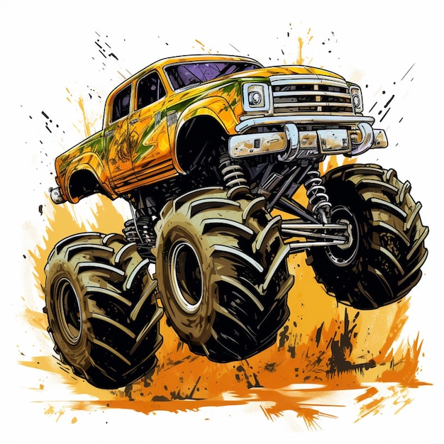 Er is een monster truck met grote banden op een witte achtergrond generatieve ai