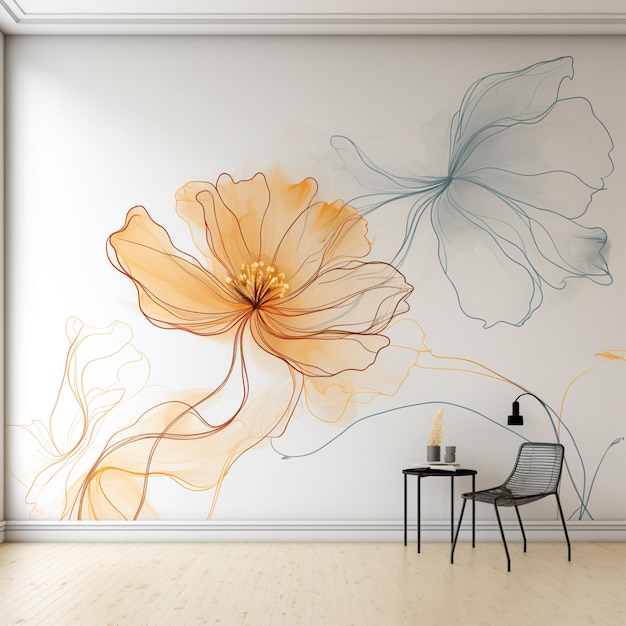 Er is een muurschildering van een bloem en een stoel in een kamer generatieve ai