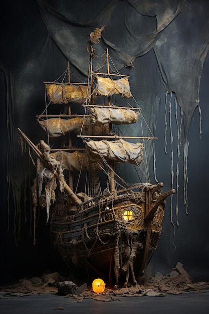 Foto er is een nep piratenschip met een kaars in het midden.