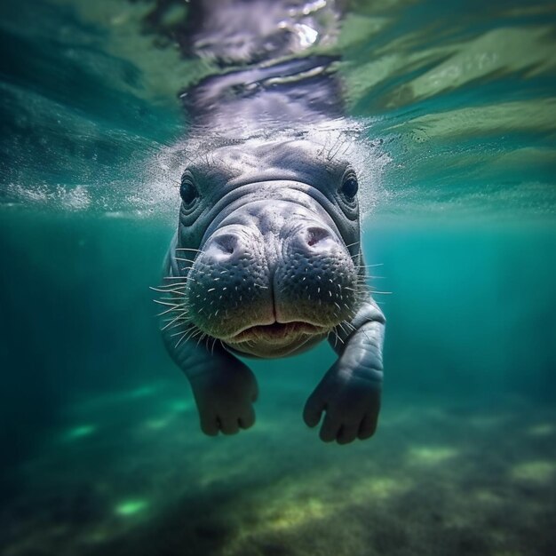 Er is een nijlpaard die onder het water zwemt in de oceaan generatieve ai