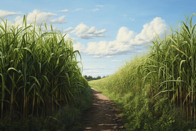 Er is een onverharde weg tussen hoog gras en een veld.