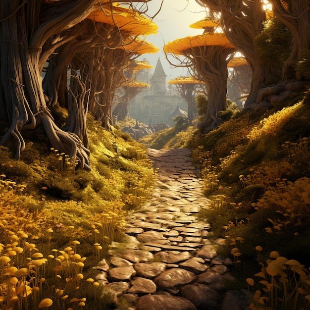 Er is een pad dat leidt naar een kasteel in het bos generatieve ai