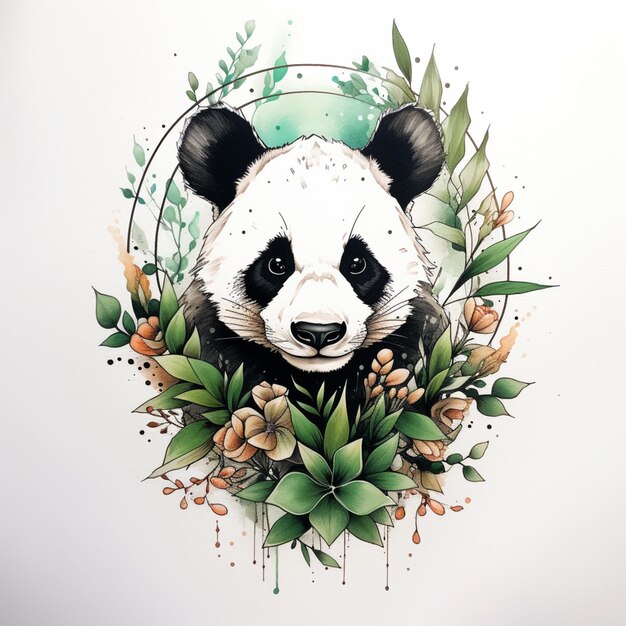 Foto er is een panda beer met een bloemen frame rond het generatieve ai