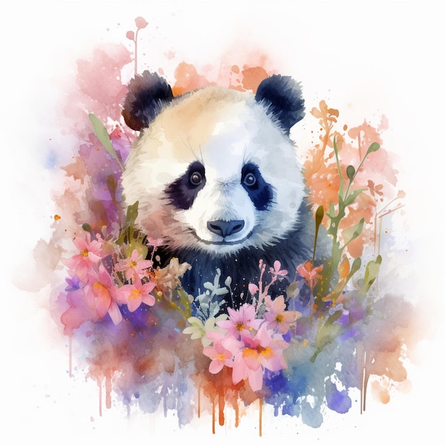 Er is een pandabeer die in de generatieve ai van de bloemen zit