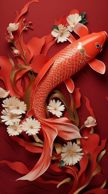 Er is een papier snit van een vis en bloemen op een rode achtergrond generatieve ai