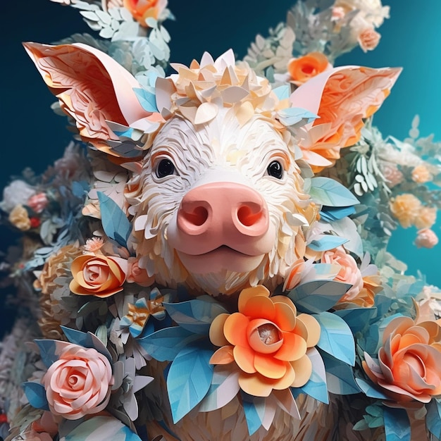 Er is een papieren beeld van een varken met bloemen erop.