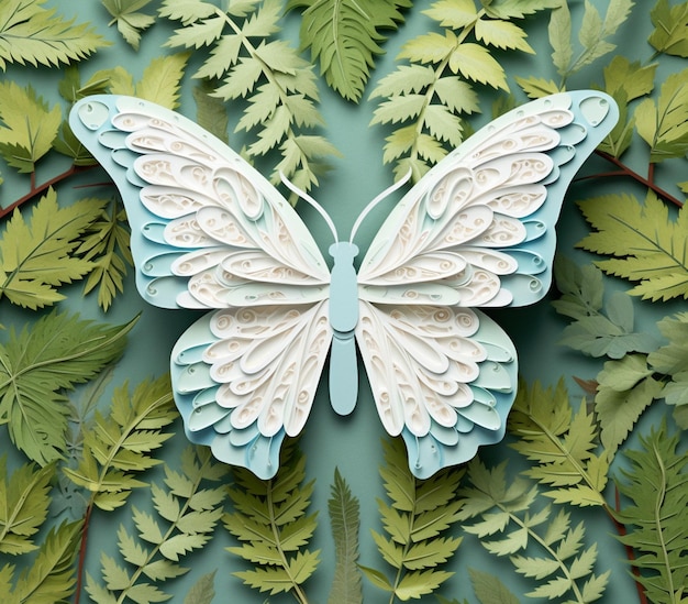 Er is een papieren vlinder die op een generatief blad zit