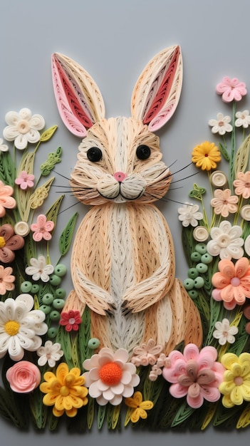 er is een papierkunst van een konijn omringd door generatieve bloemen