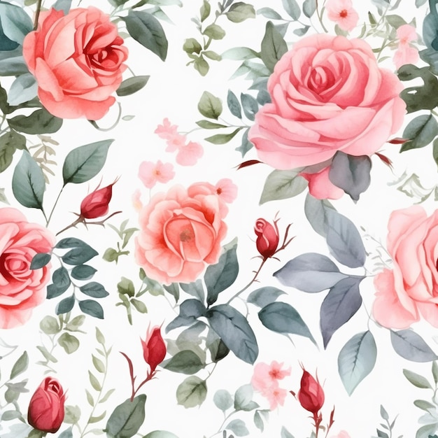 Er is een patroon van roze rozen en groene bladeren op een witte achtergrond generatieve ai