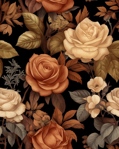 Er is een patroon van rozen en bladeren op een zwarte achtergrond generatieve ai