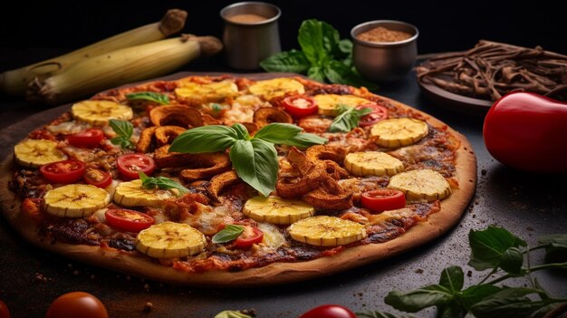 Er is een pizza met verschillende toppings op een tafel generatieve ai