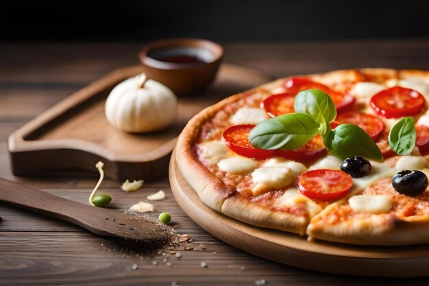 Er is een pizza op een tafel die er realistisch uitziet.