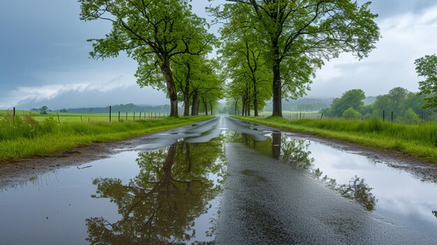 Er is een plas water op de weg met bomen generatieve ai