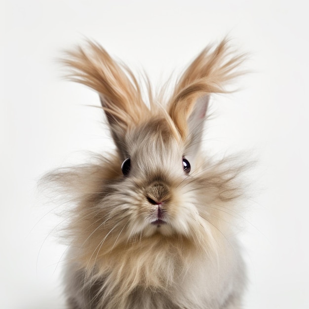 er is een pluizig konijn met lang haar op een witte generatieve ai als achtergrond