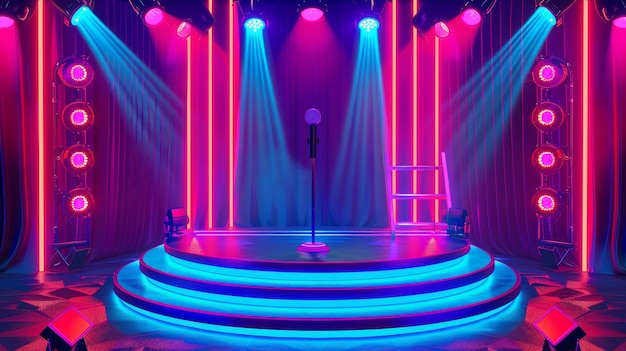 Er is een podium met microfoons trappen rode gordijnen schijnwerpers verlichting en decoratie Een cartoon achtergrond is beschikbaar samen met stand-up amusement of muziek concert gebieden podiums en