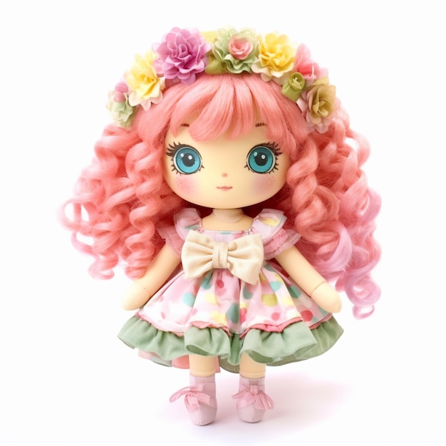 er is een pop met roze haar en een bloemenkroon op haar hoofd generatieve ai