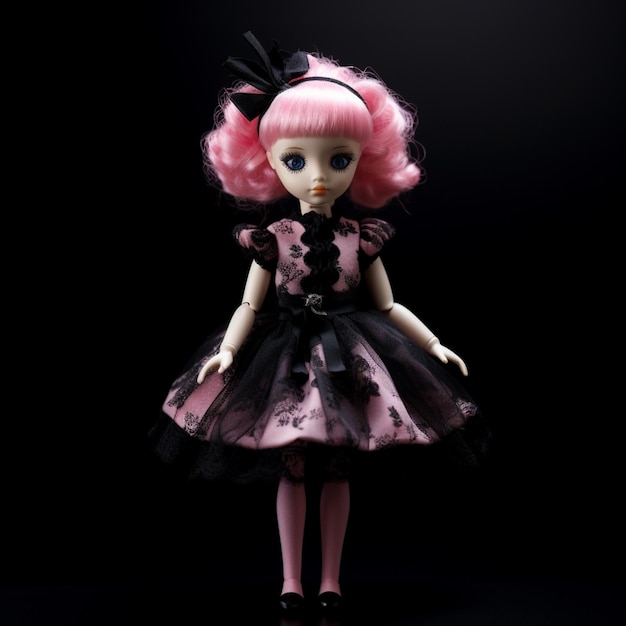 er is een pop met roze haar en een zwarte jurk generatieve ai