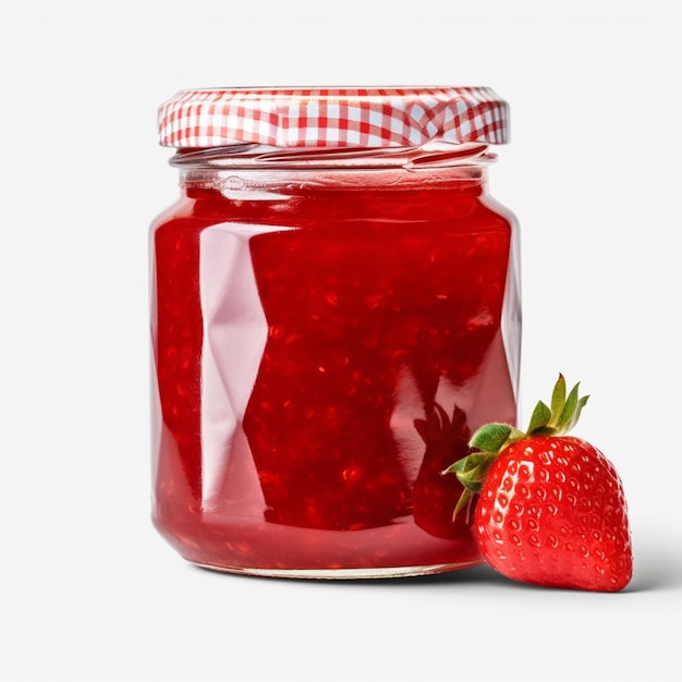 Er is een potje jam met een aardbeien aan de zijkant.