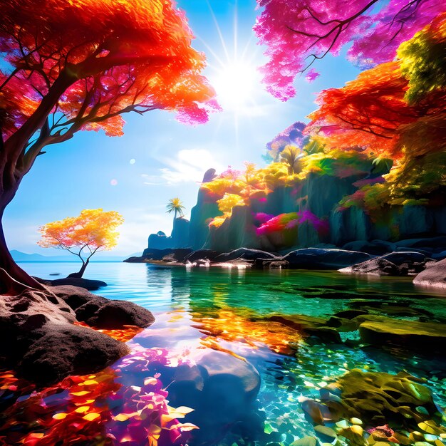Er is een prachtig magisch eiland vol kleurrijke bomen.
