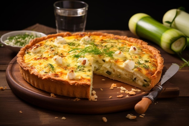 Er is een quiche met een stukje ontbreekt op een houten bord generatieve ai