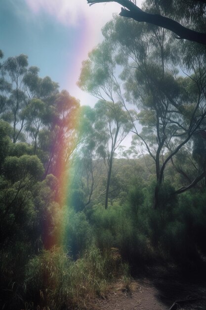 Foto er is een regenboog in het bos en de bomen zijn groen en de lucht is blauw.