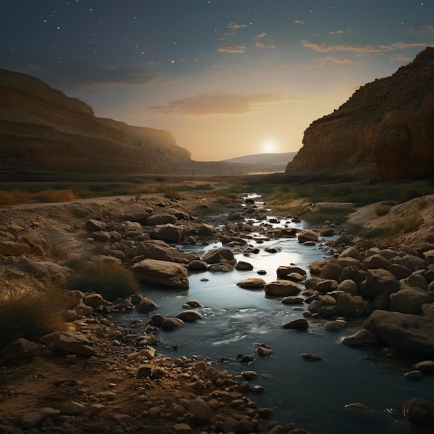 Er is een rivier die's nachts door een rotsachtige vallei stroomt.